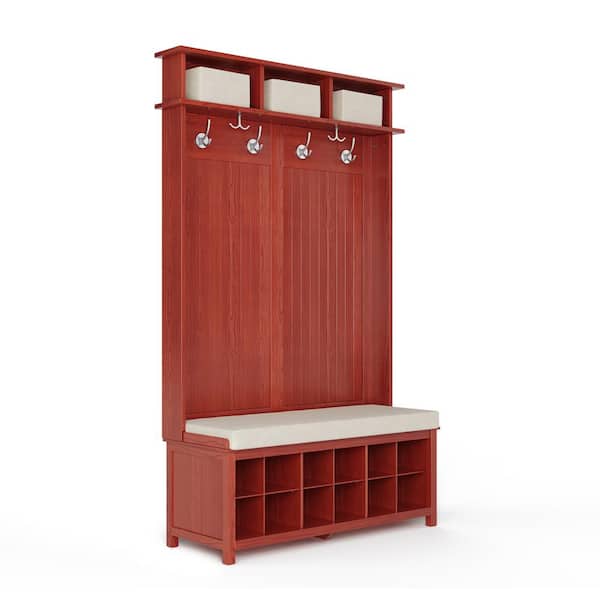 48 in W x 76.75 H Red Mahogany Solid Wood Entryway 3-in-1 Hall Tree 10 Pair Shoe Storage Bench, 3 Bins, and 6 Hooks