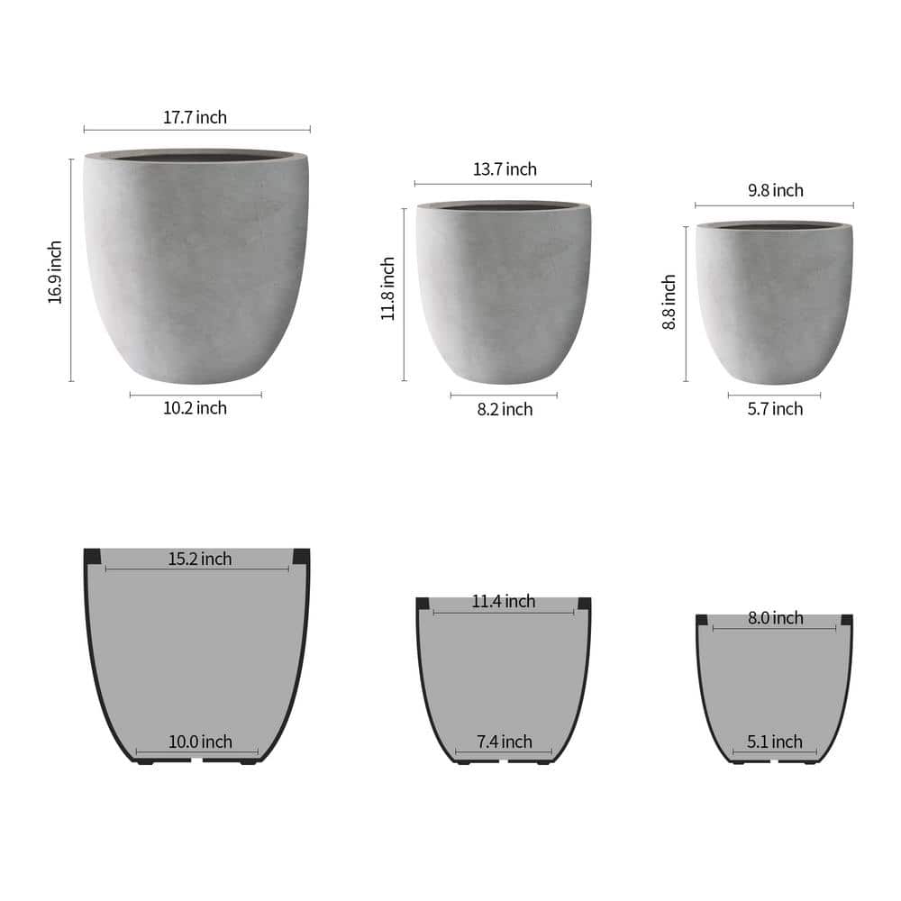 Natural Concrete Round Planters Set of 3 with Drainage Holes