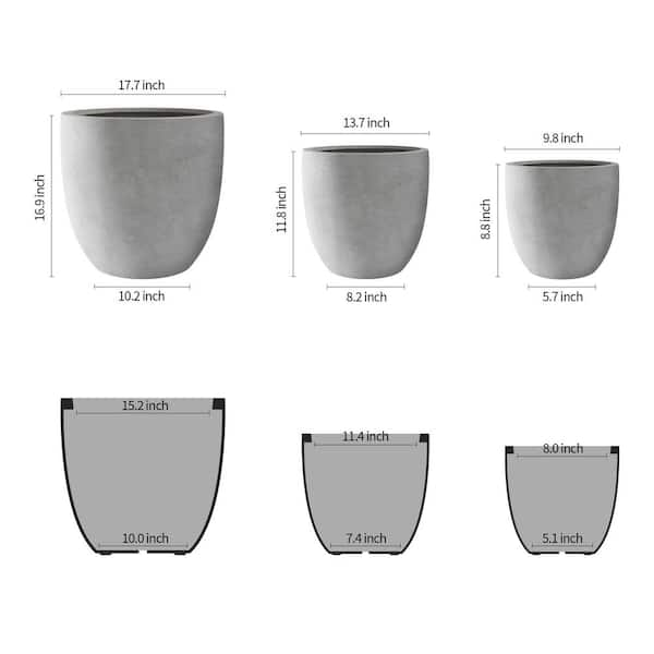 18", 14", and 10"W Natural Concrete Round Set of 3, Outdoor Indoor Modern Planter Pots, Lightweight w/ Drainage Hole