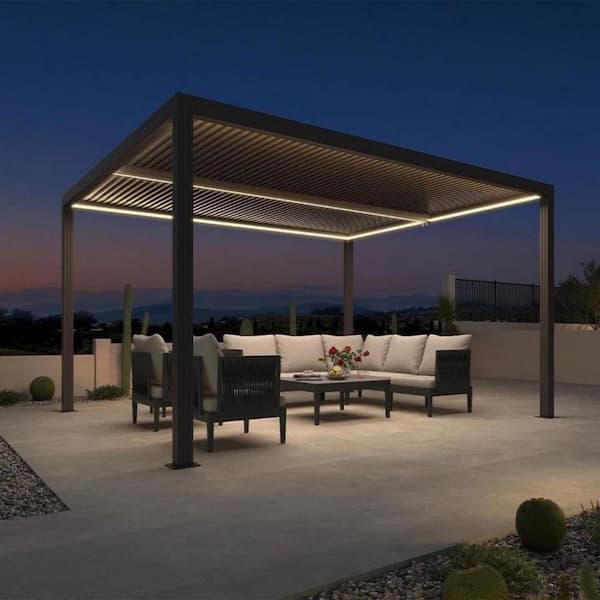 10 ft. x 12 ft. Gray Aluminum Frame Outdoor Louvered Pergola Gazebo with Adjustable Sunshade Roof and LED Strip Lights