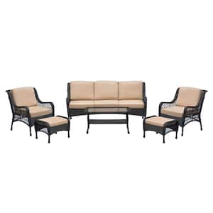 6-Pieces Metal Outdoor Patio Conversation Set with khaki Cushion with Ottoman and Coffee Table for Backyard