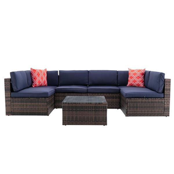maocao hoom 7-Piece Wicker Patio Conversation Set with Navy Blue Cushions, 2 Pillows and Coffee Table