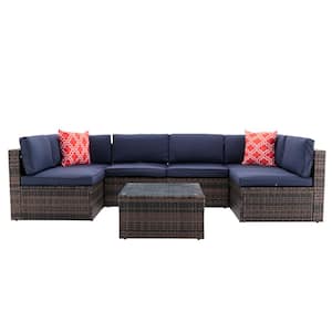 7-Piece Brown Wicker Patio Conversation Set with Navy Blue Cushions