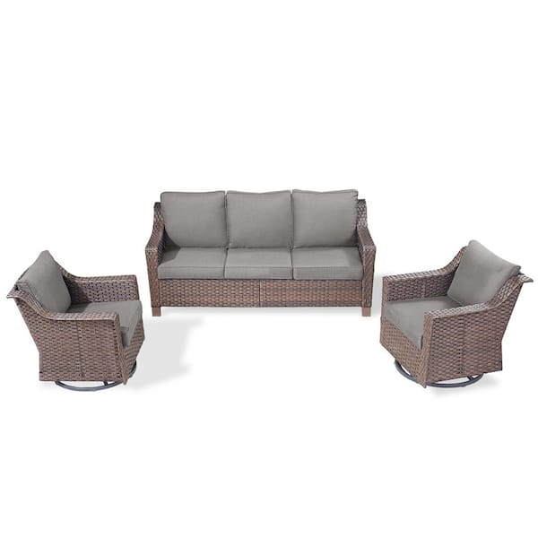SlideArm Brown 3-Piece Wicker Swivel Glider Patio Conversation Set, Sofa Seating Set with Olefin Gray Cushions