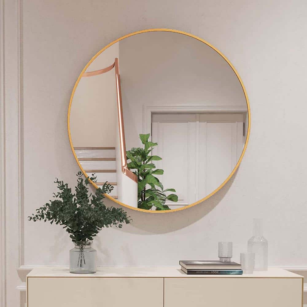 32 in. W x 32 in. H Gold Round Wall Mirror, Metal Framed Circle Mirror for Bedroom, Living Room, Bathroom, Entryway