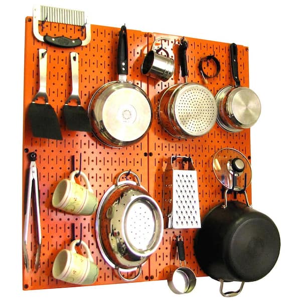 Wall Control Kitchen Pegboard 32 in. x 32 in. Metal Peg Board Pantry Organizer Kitchen Pot Rack Orange Pegboard and Blue Peg Hooks