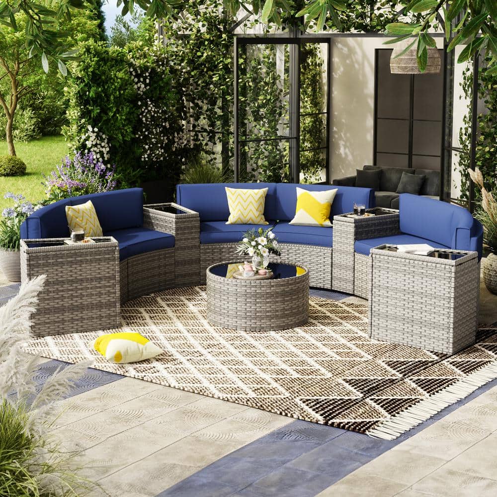 11-Piece Wicker Outdoor Patio Sectional Set with Textured Gray Cushions