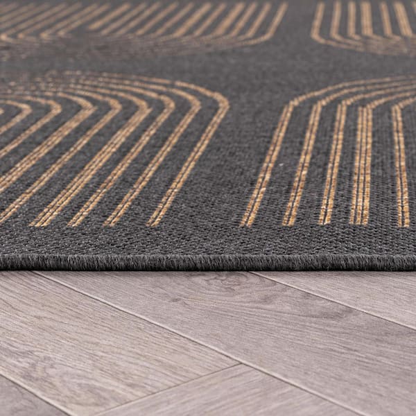 Geometric Border Dark Gray/Natural Easy-Care Jute-Style Indoor/Outdoor Flat Woven 2 ft. 3 in. x 6 ft. Dark Gray Area Rug