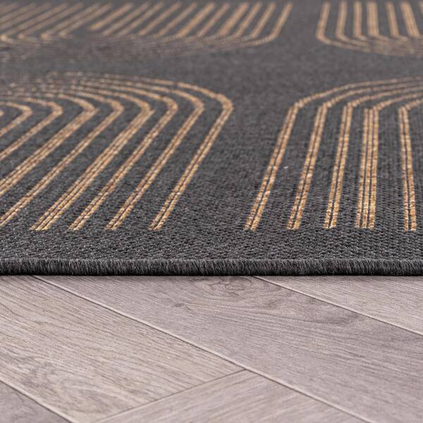 Geometric Border Dark Gray/Natural Easy-Care Jute-Style Indoor/Outdoor Flat Woven 4 ft. x 6 ft. Dark Gray Area Rug