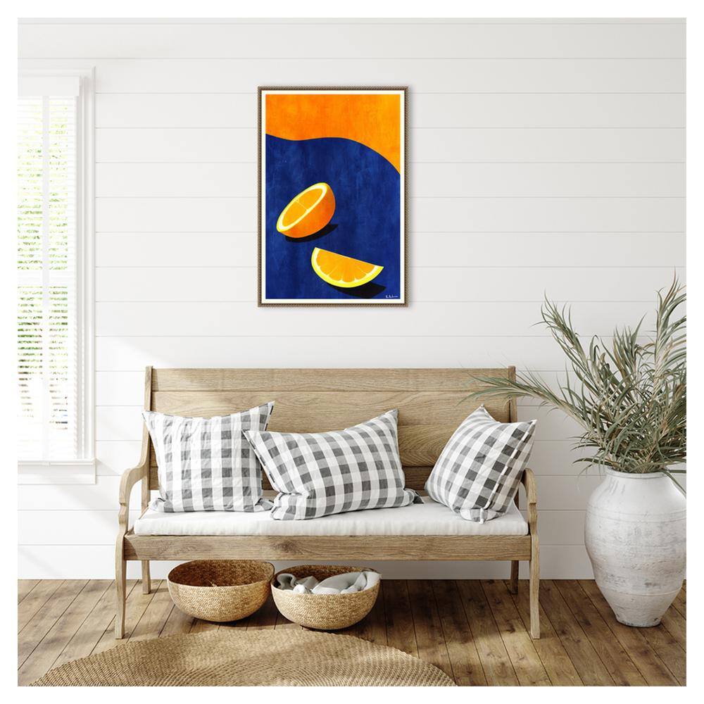 Large Orange and Blue Abstract Citrus Canvas Art with Beaded Frame