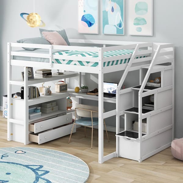 White Full Size Wooden Loft Bed with Storage Staircase Built in Desk Shelves and 2 Drawers