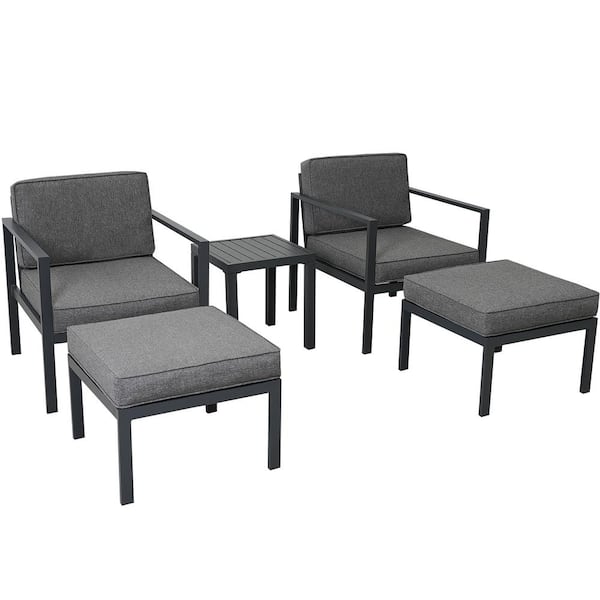 DIRECT WICKER Liam Black 5-Piece Aluminum Patio Conversation Set Sofa Set with Gray Cushion and Coffee Table