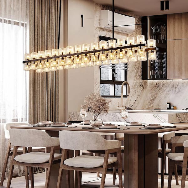 60-Light Black Rectangular Chandelier, 54 in. Modern K9 Crystal Chandelier for Dining Room, Living Room, Foyer