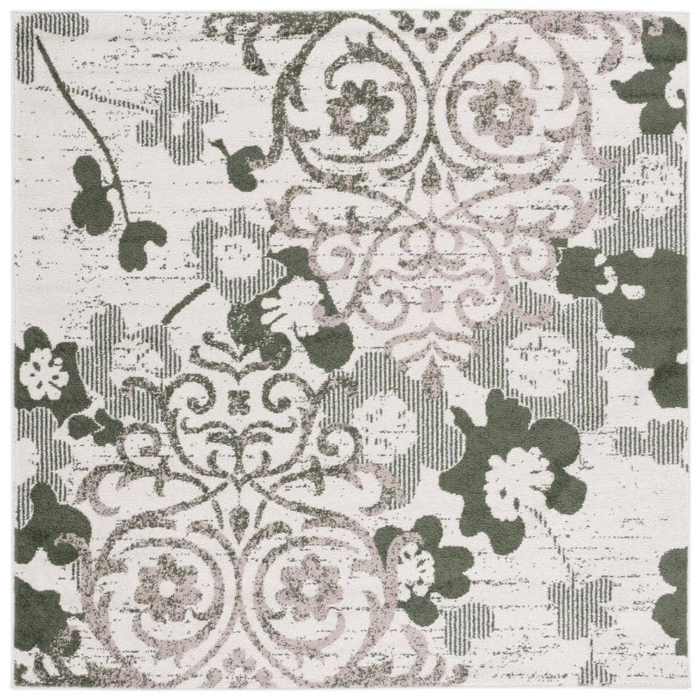 Ivory and Dark Green Floral Square Area Rug, 6' x 6'