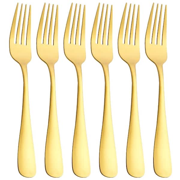 Matte Gold Satin Finish Stainless Steel Dinner Fork Set of 6, 8 in Flatware with Rounded Handle Set,