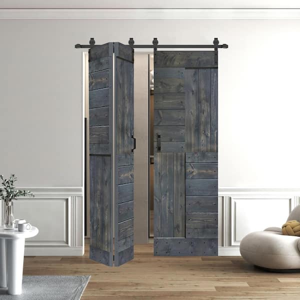 ISLIFE S Style 48in.x84in.(12''X84''X4panels) Carbon Gray Solid Wood Bi-Fold Barn Door With Hardware Kit -Assembly Needed