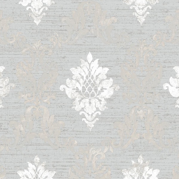 Silk Damask Wallpaper in Silver and Gray