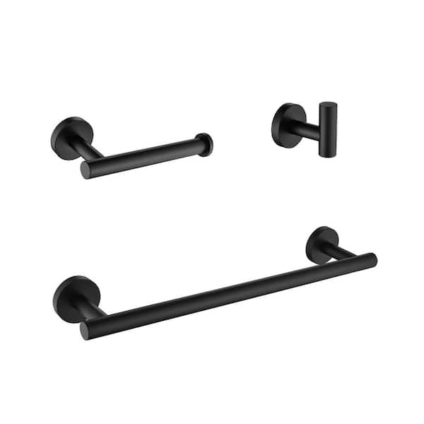 Miscool Ami 3-Piece Stainless Steel Bath Hardware Set Included Towel Bar, Robe Hook, Toilet Paper Holder in Matte Black