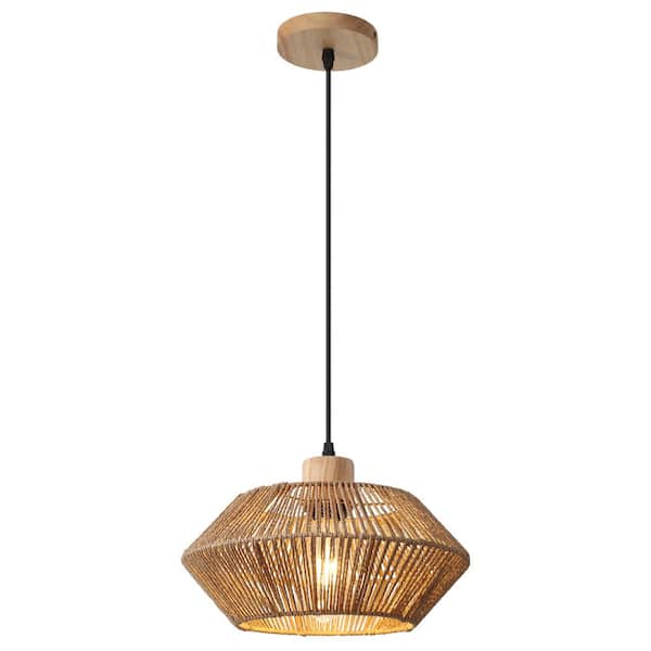 ADSENSTY 1-Light Brown Caged Wood Hemp Rope Single Chandelier with No Bulbs Included