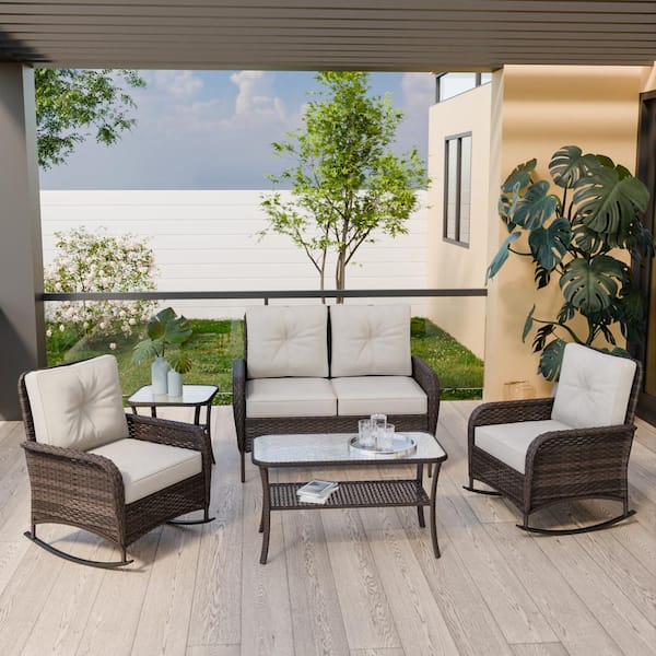 COOS BAY 5-Piece Brown Wicker Patio Sofa Set Loveseat and 2 Rocking Chairs with Beige Cushions, Side Table and Coffee Table
