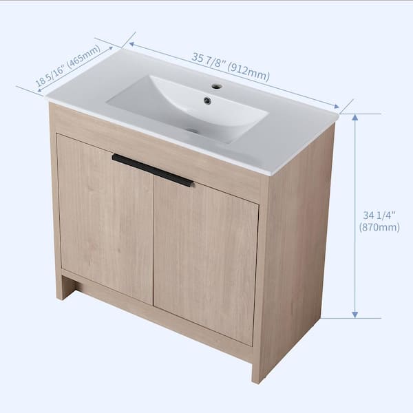 36 in. W x 18.3 in. D x 34.3 in . H Freestanding Bath Vanity Cabinet in Plain Light Oak with White Ceramic Top