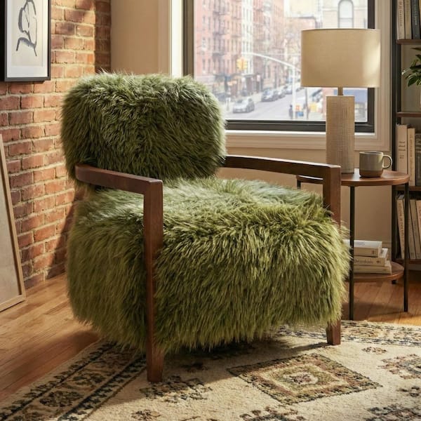 Ambi Modern Green Faux Fur Accent Chair With Cushioned Pocket Coil Seat