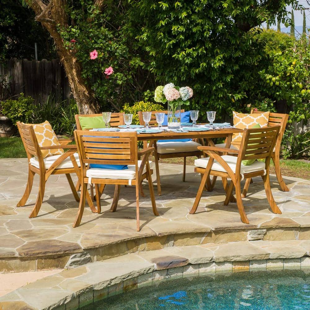 7-Pieces Wood Patio Conversation Patio Conversation Set with White Cushion
