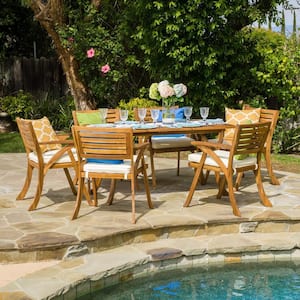 7-Pieces Wood Patio Conversation Patio Conversation Set with White Cushion