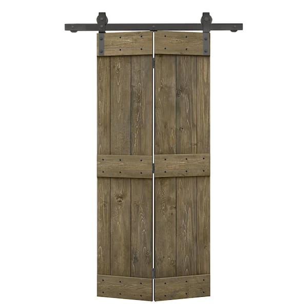 CALHOME 20 in. x 84 in. Mid-Bar Series Solid Core Aged Barrel Stained DIY Wood Bi-Fold Barn Door with Sliding Hardware Kit