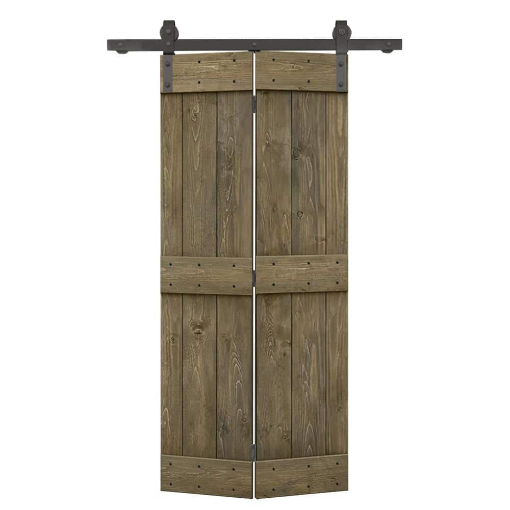 CALHOME 34 in. x 84 in. Mid-Bar Series Aged Barrel-Stained DIY Wood Bi-Fold Barn Door with Sliding Hardware Kit