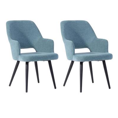 Blue Fabric Upholstery Hollow Design Accent Arm Chairs Dining Chairs Leisure Chairs with Metal Frame (Set of 2)