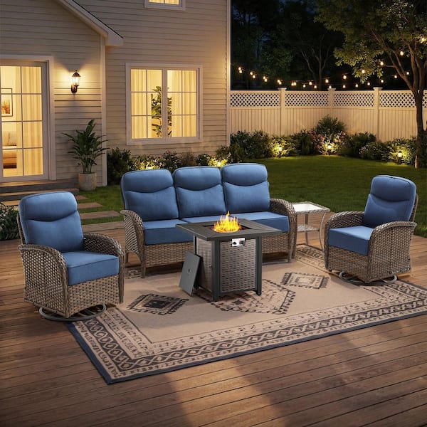 Rivieral 5-Piece Outdoor Wicker Patio Conversation Set with Fire Pit Table, Swivel Chairs and 6 in. Blue Cushions