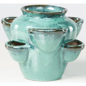 Six Pocket Glazed Ceramic Strawberry Jar Planter for Home and Garden, 13.25 in. Dia, Aqua