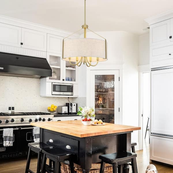 5-Light Gold Candlestick Hanging Linear Chandelier Lighting Fixture with Cloth Shade for Kitchen Island