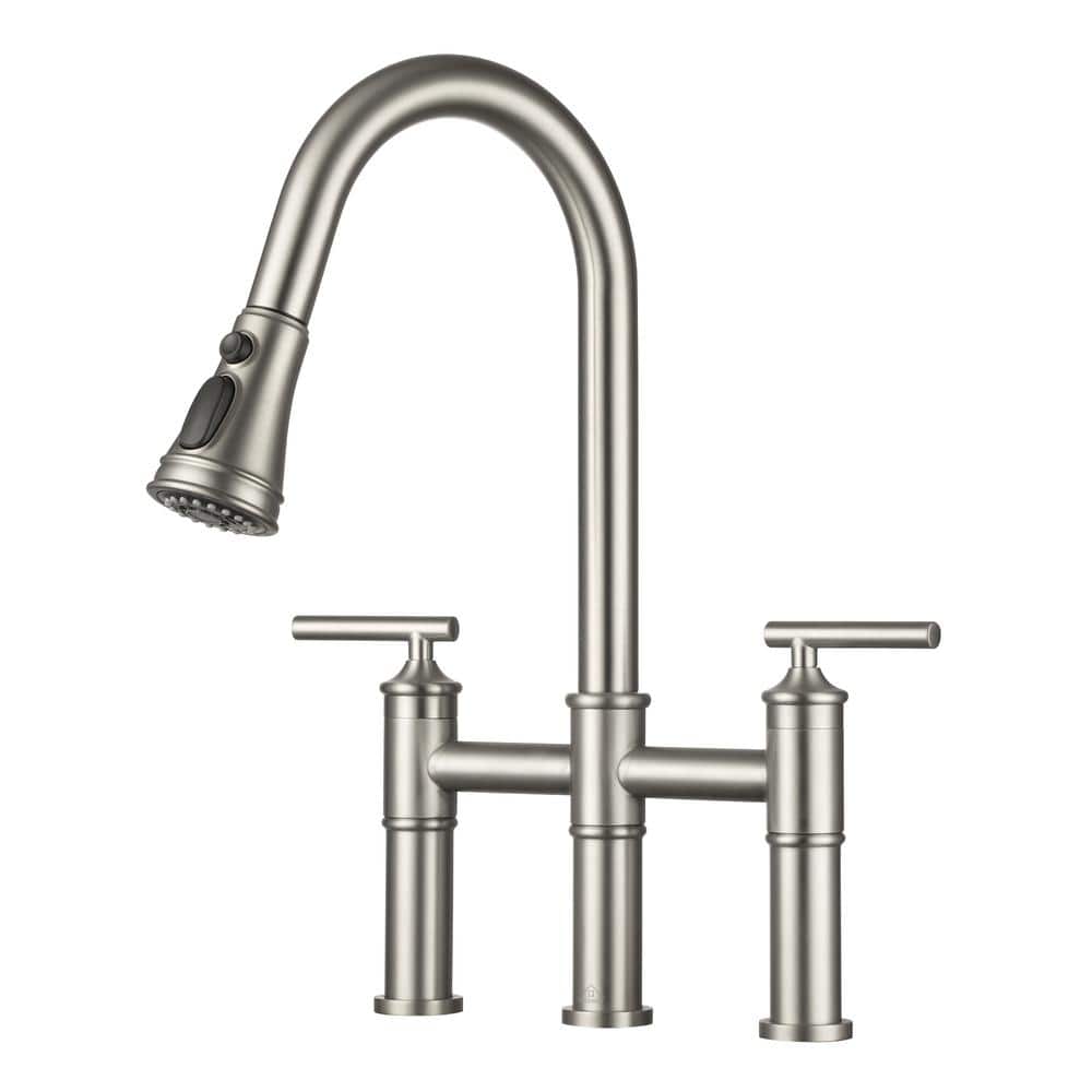 Brushed Nickel Double Handle Bridge Kitchen Faucet with Pull-out Spray