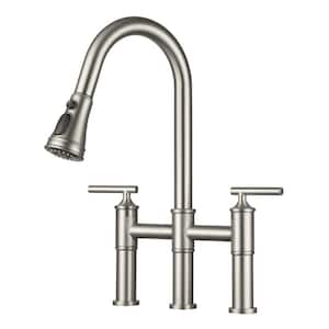 Double Handle Bridge Kitchen Faucet with Three Function Pull-Down Sprayhead in Brushed Nickel