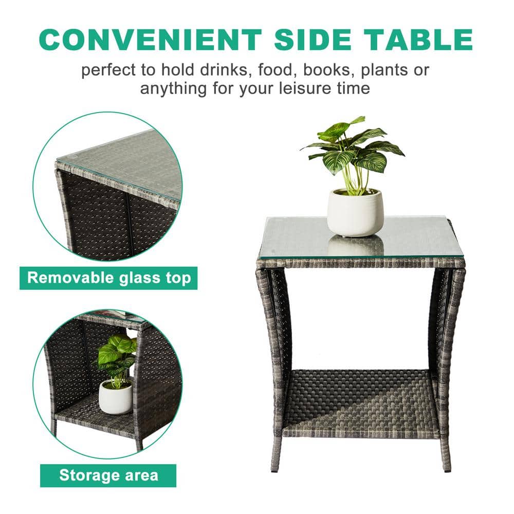 Gray and Black Iron Wicker Outdoor End Table