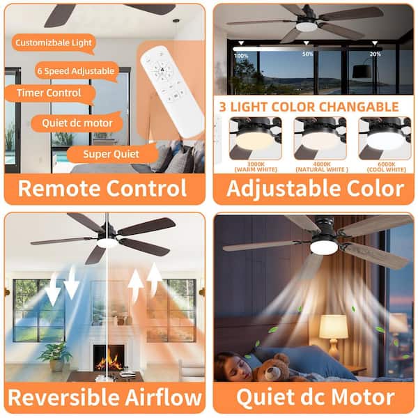 52 in. Downrod Mount Standard Ceiling Fan with 5 Blades Dimmable LED Light Included with Remote, 6-Speed DC Motor, Brown
