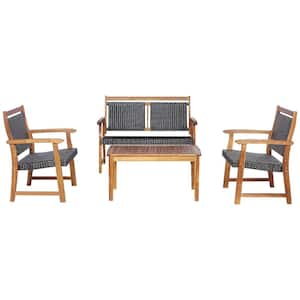 4-Pieces Acacia Wood Frame Patio Rattan Furniture Set Sofa Loveseat Garden