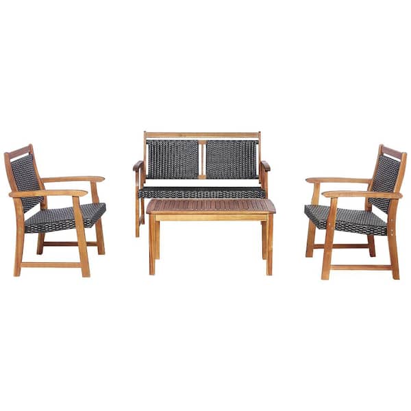 Costway 4-Pieces Acacia Wood Frame Patio Rattan Furniture Set Sofa Loveseat Garden