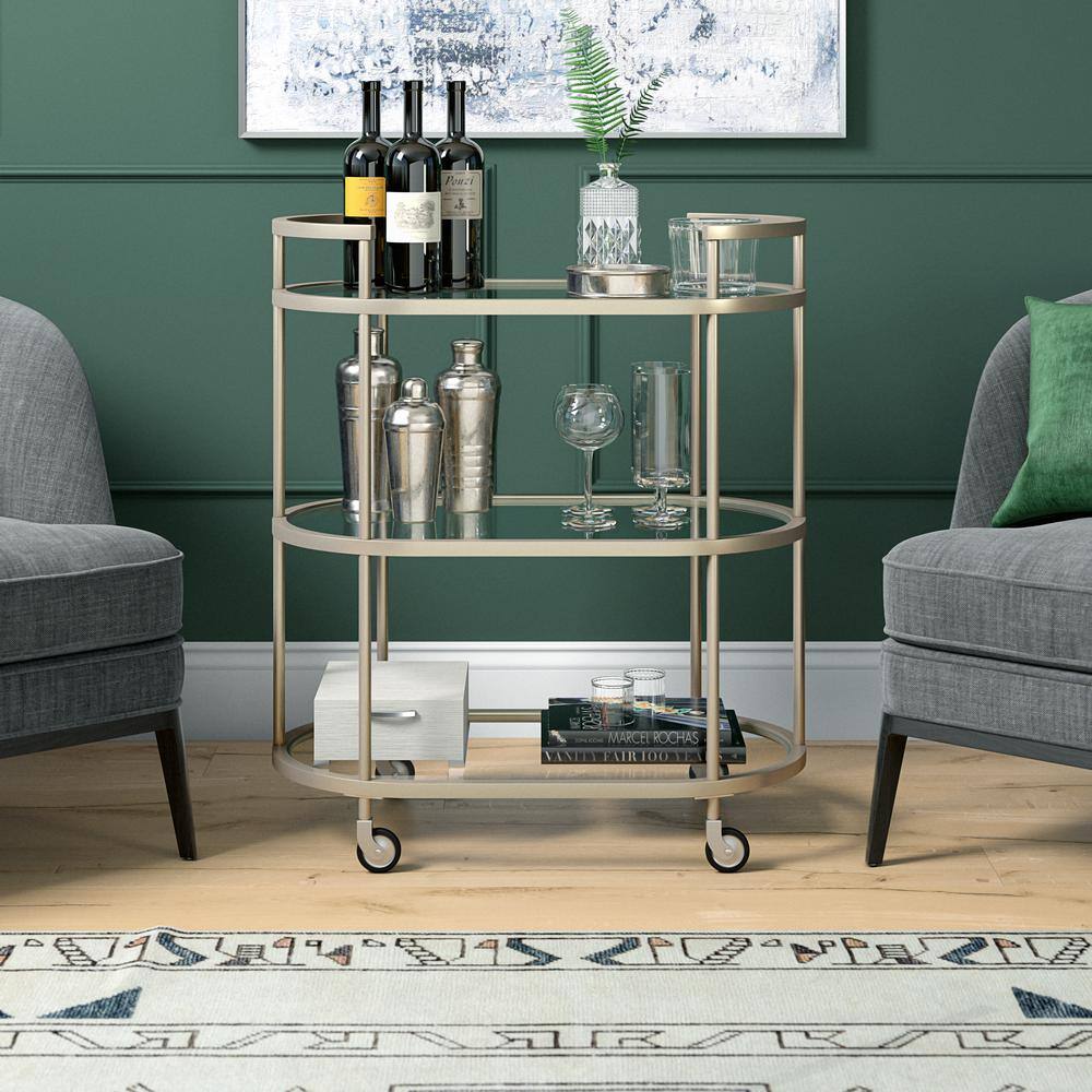 Evelyn&Zoe Satin Nickel Oval Bar Cart with Tempered Glass Shelves