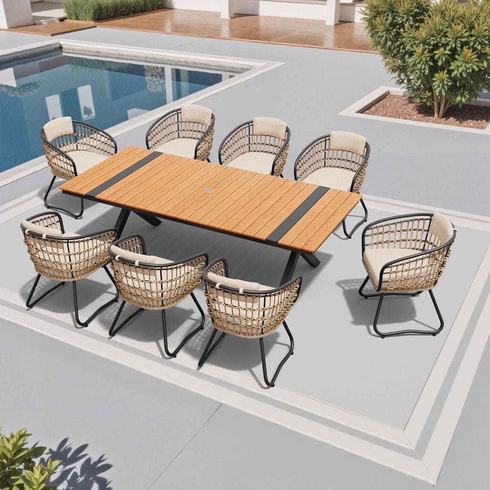 9-Piece Aluminum Outdoor Dining Set with 99.33 in. L Table and 8 PE Wicker Dining Chairs with Cushions Pillows in Beige price history on PriceWatchPro