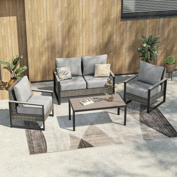 4 Pieces Patio Conversation Set with Coffee Table and Ottomans Gray Wicker Loveseat Sofa with Linen Grey Cushion