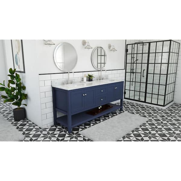Continuum 72 in. W x 22 in. D x 34 in . H Modern Console Vanity with Oval Undermount Sinks in Navy with White Top