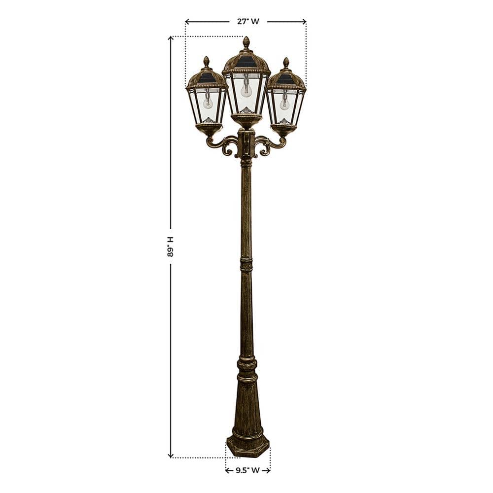 Weathered Bronze Triple Head Solar Lamp Post with LED Lights