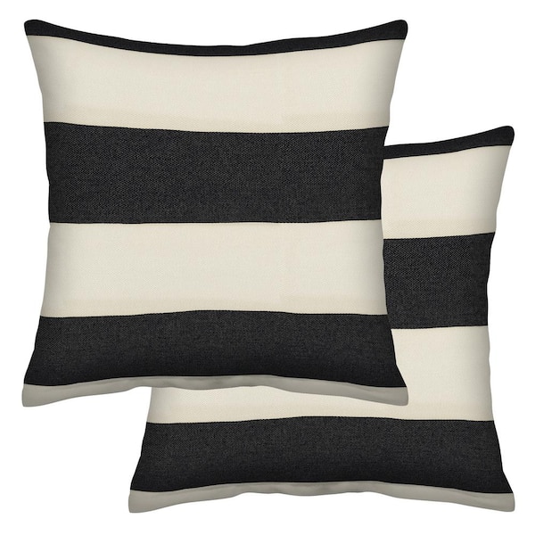Honeycomb Outdoor Square Toss Pillow Cabana Stripe Black and Cream (Set of 2)