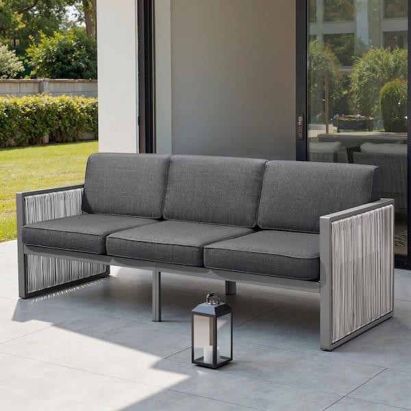 Opohoro SquareChic Metal and Light Beige Wicker Outdoor 3-Seat Sectional Couch Sofa with Olefin Dark Gray Cushions
