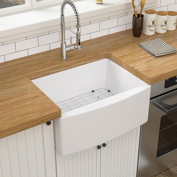 Unbranded 24 in. Farmhouse Single Bowl White Ceramic Kitchen Sink with Bottom Grids