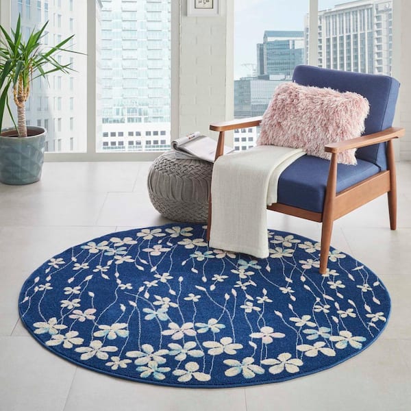 Tranquil Navy Blue 5 ft. x 5 ft. Floral Modern Round Area Rug