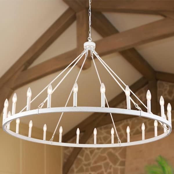LWYTJO Yeraldine 24-Light White Farmhouse Lagre Wagon Wheel Chandelier Round Vintage Candle Style Dimmable Pendant Light